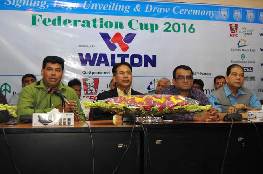 Senior Additional Director of Walton Group FM Iqbal Bin Anwar Dawn speaking at the draw ceremony, logo un-veiling programme of the Walton Federation Cup at the conference room of Bangladesh Football Federation House on Saturday.