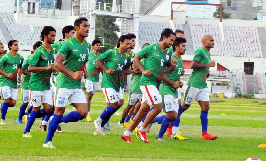 Members of Bangladesh National Football team during their practice session at the Bangabandhu National Stadium on Sunday.