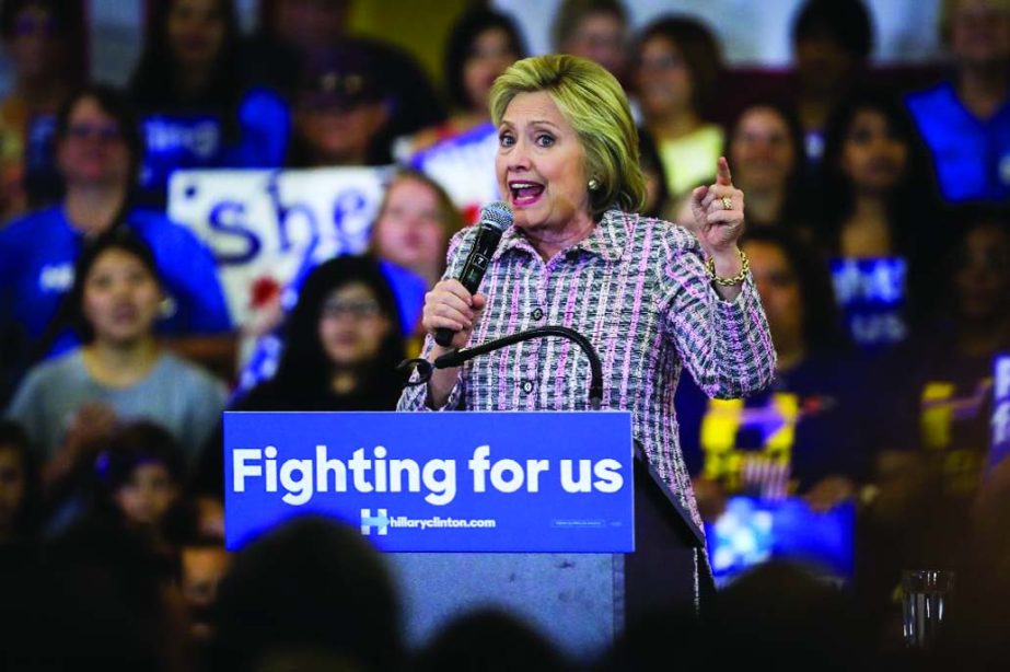 Democratic presidential hopeful Hillary Clinton speaks to supporters during a campaign rally in Sacramento, California on Sunday.