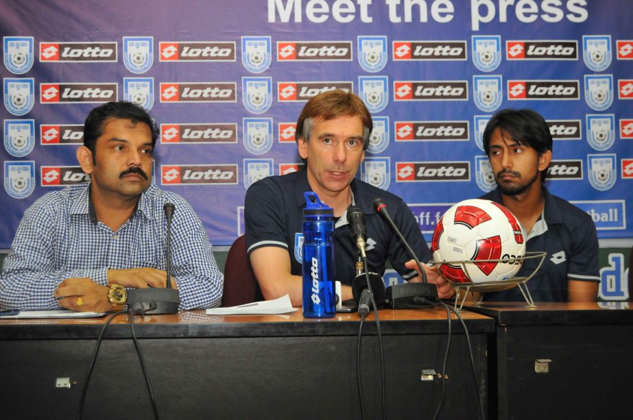 Head coach of Bangladesh team Lodewijk Darius Kruif addressing a press conference in the Bangladesh Football Federation House on Monday.