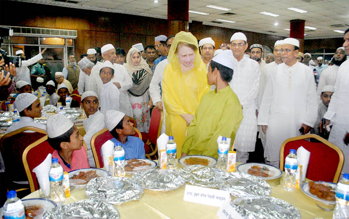 BNP Chairperson Begum Khaleda Zia organised an Iftar Party for orphans and Ulema-e-Mashayekh on the first day of Ramzan at the Eskaton Ladies Club on Tuesday. Photo FNS