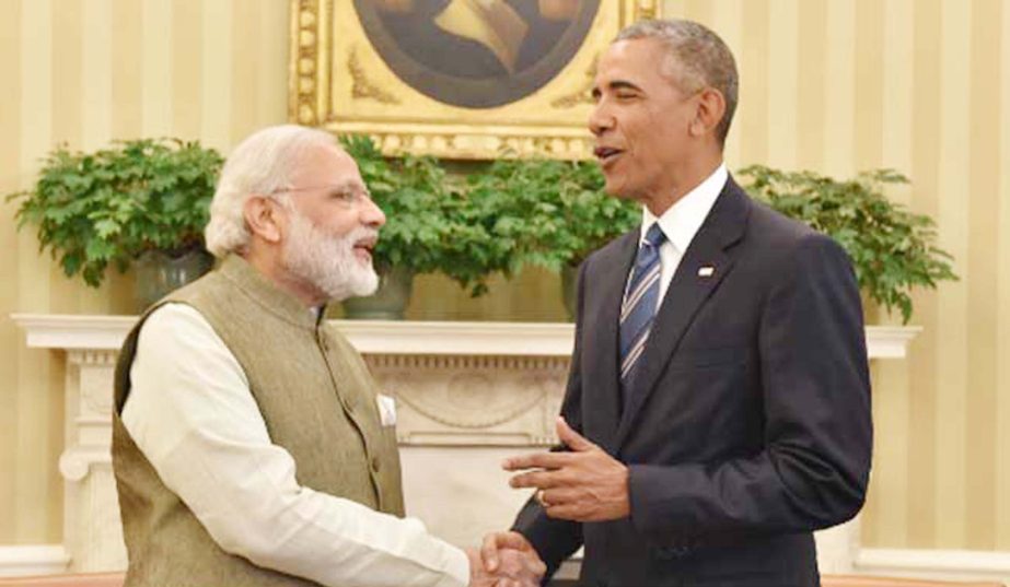 US President Barack Obama shaking hands with Indian Prime Minister Narendra Modi at Oval Office at the White House in Washington.