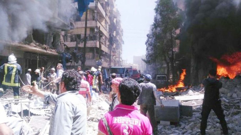 Photo shows the aftermath of air strikes on rebel-held areas in the Syrian city of Aleppo.