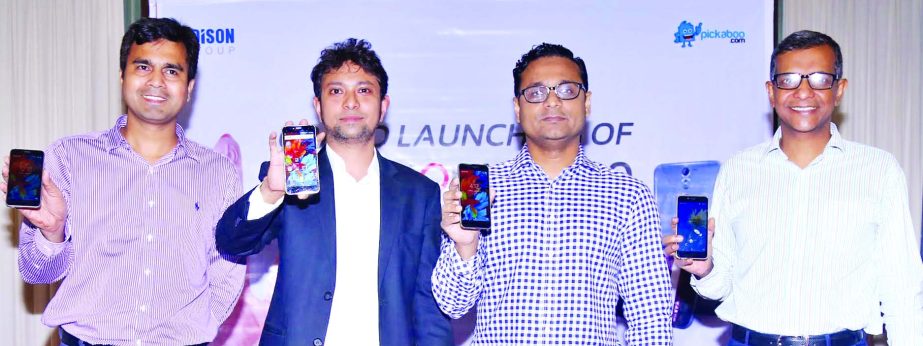 Senior Director Rezwanul Hoque, Head of Marketing Ashraful Haque, Deputy General Manager, Jahidul Islam of Edison Group and Chief Operations Officer of pickaboo.com Shahrear Sattar pose at the Symphony H400 launching ceremony.