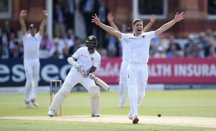 Chris Woakes appeals unsuccessfully for lbw during 2nd day of the 3rd Investec Test between England and Sri Lanka at the Lord's on Friday.