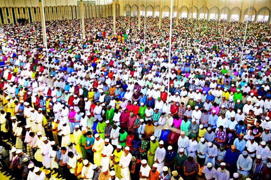 Musallis offering first Juma prayer in the month of Ramzan at Baitul Mukarram National Mosque.