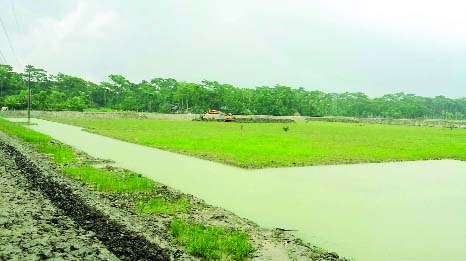 PIROJPUR: Miscreants have built fishing enclosure grabbing land of seven Hindu families at Guchchha Gram of Tushkhali Union of Mothbari Upazila. This picture was taken on Friday.