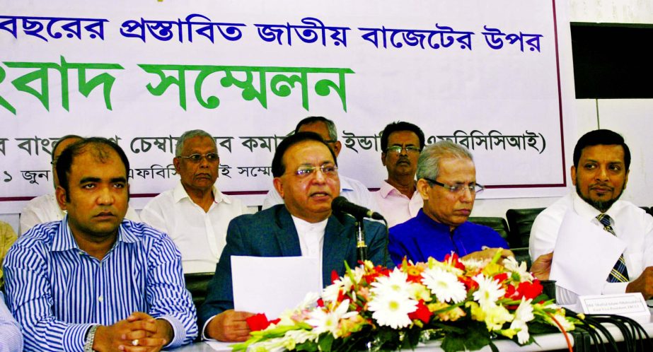 Federation of Bangladesh Chambers of Commerce and Industry (FBCCI) President Abdul Matlub Ahmad, addressing the post-budget press conference at the Federation Bhaban in the city on Saturday. First vice president of the federation M Shafiul Islam Mohiuddin