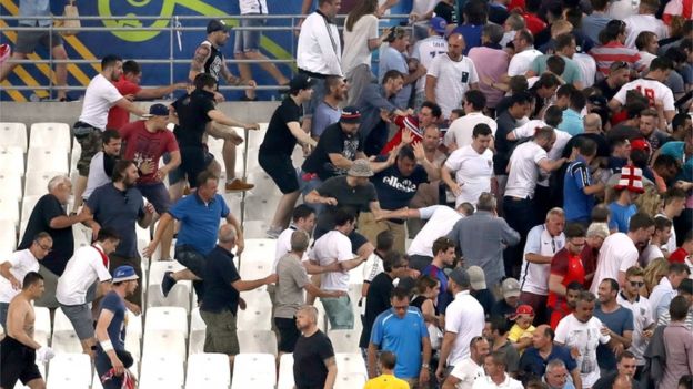 A number of Russia fans rushed towards England fans at the end of the match at the Velodrome stadium in Marseille, France on Saturday.
