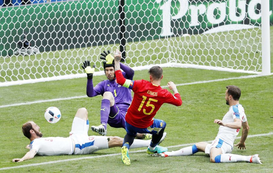 Spain's Sergio Ramos misses with a chance during the Euro 2016 Group D soccer match between Spain and the Czech Republic at the Stadium municipal in Toulouse, France on Monday.