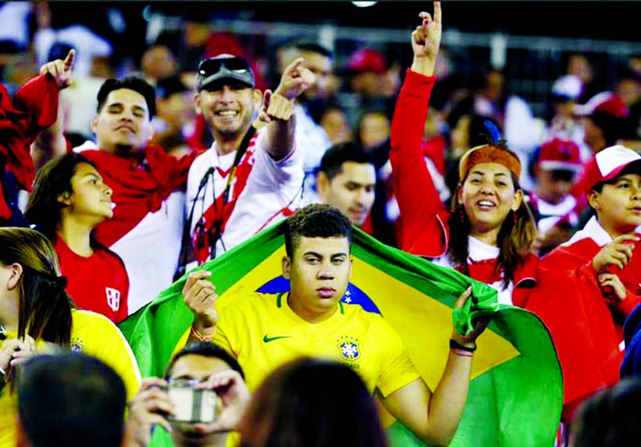 Peru supporters cheer surrounding a Brazil supporter in the second half of a Copa America Group B soccer match on Sunday, in Foxborough, Mass.