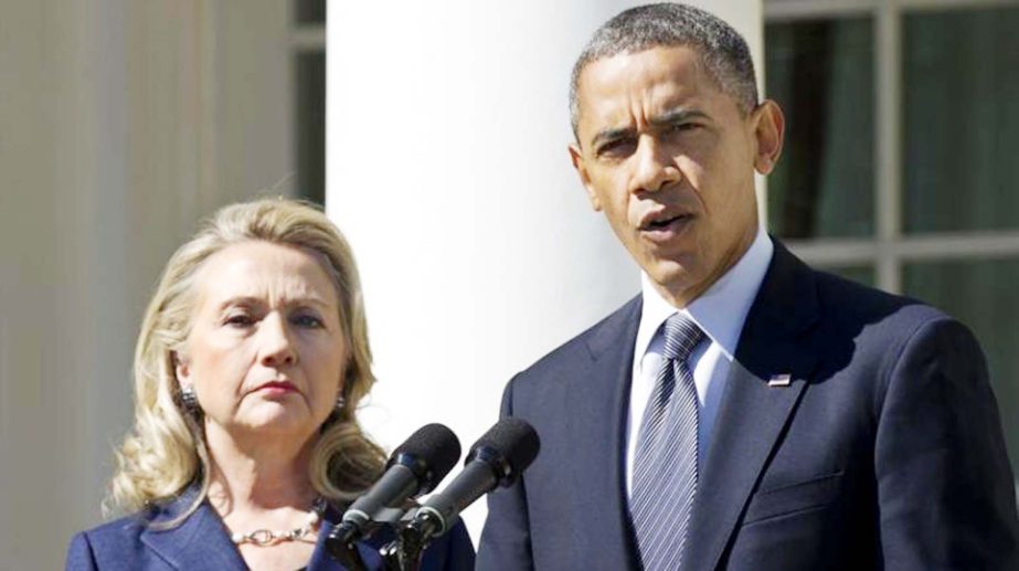 US President Barack Obama seen with Democratic Presidential candidate Hillary Clinton at a press conference in Washington.