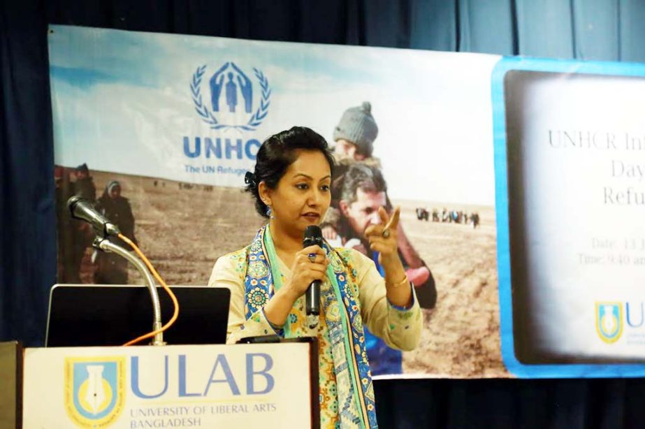 Farheen Khan, External Relations of UNHCR speaks at a lecture session arranged for students of University of Liberal Arts Bangladesh (ULAB) recently to create awareness about the situation of refugees around the world.