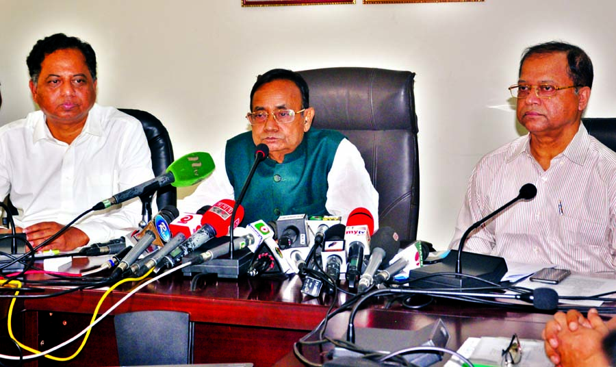 Railway Minister Majibul Huq speaking at a press conference on work plan of Bangladesh Railway at Rail Bhaban in the city on Wednesday for the convenience of railway passengers during Eid-ul-Fitr.