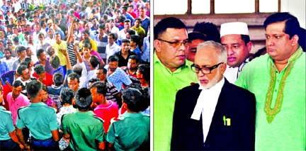 Supporters (left) of former AL leader Ahsanullah Master MP of Gazipur attended the court premises during HC hearing that upheld the death sentences of six convicts in killing case. Lawyers and Ahsanullah's son along with other leaders seen (right) at the