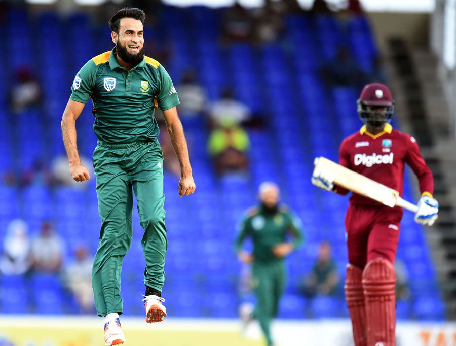 Imran Tahir of South Africa exults after removing Andre Fletcher of West Indies during the 6th match of ODI Tri-Nation series at St Kitts on Wednesday.
