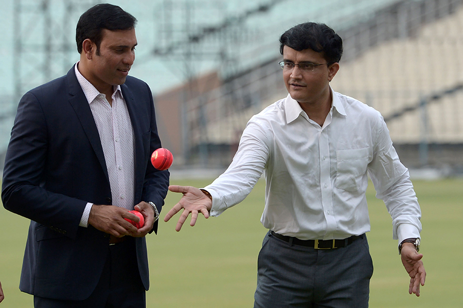 VVS Laxman and Sourav Ganguly gesture at an event for pink-ball cricket in Kolkata on Thursday.