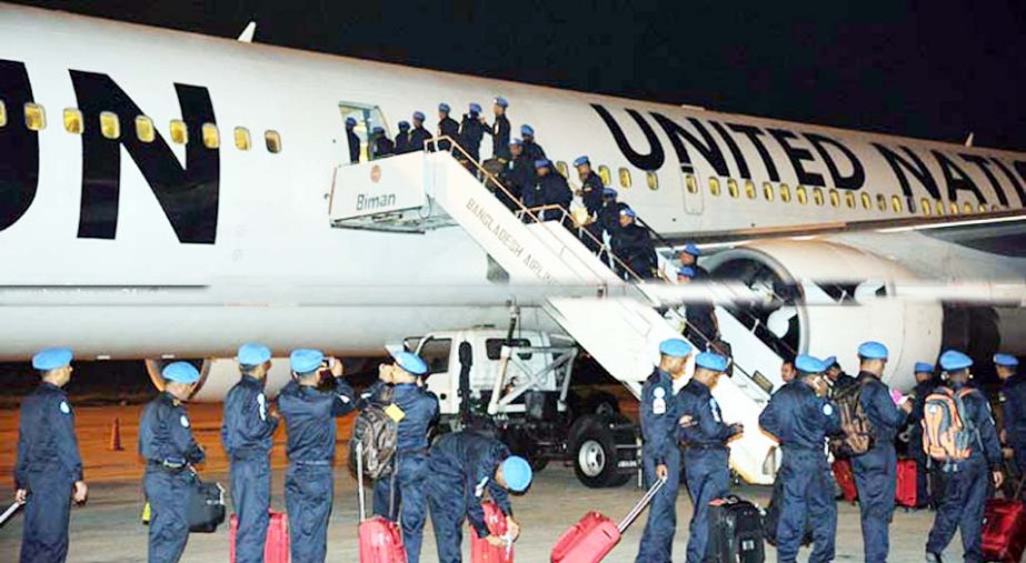 Members of Bangladesh Naval Forces seen boarding the UN Special Plane at Chittagong Shah Amanat International Airport on Thursday night en-route to Beirut.