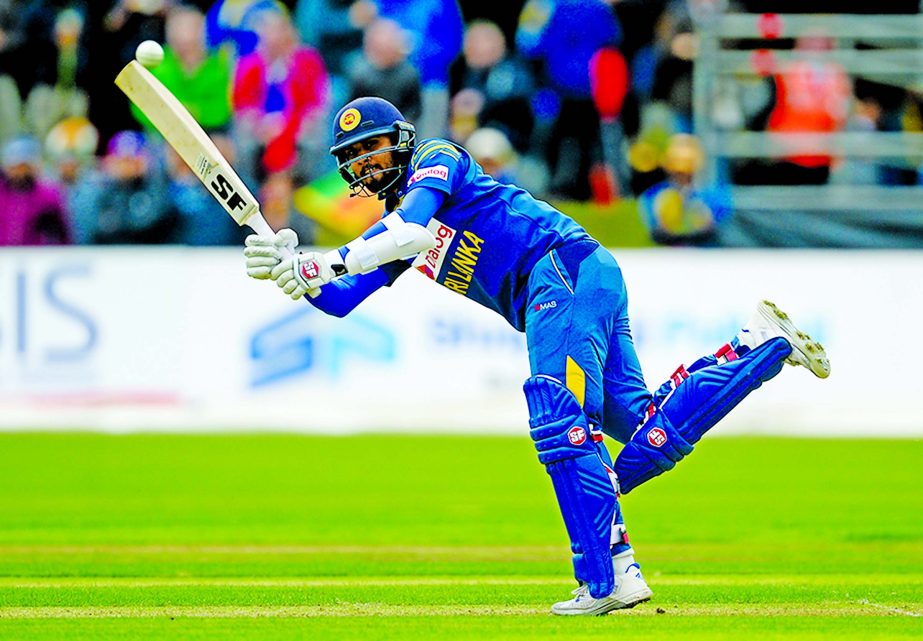 Dinesh Chandimal whips the ball on to the leg side during the 1st ODI between Sri Lanka and Ireland in Malahide on Thursday.