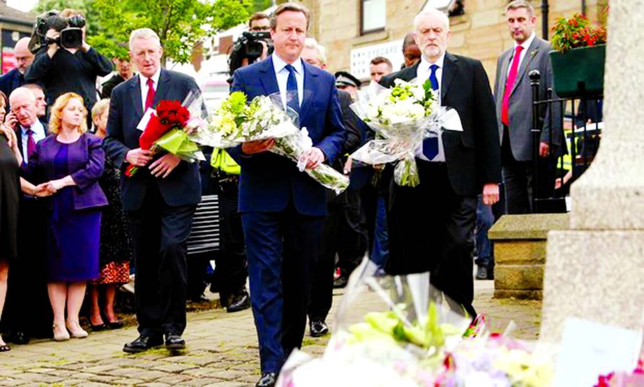 David Cameron and Jeremy Corbyn laid flowers in tribute to Jo Cox in her constituency of Batley and Spen.