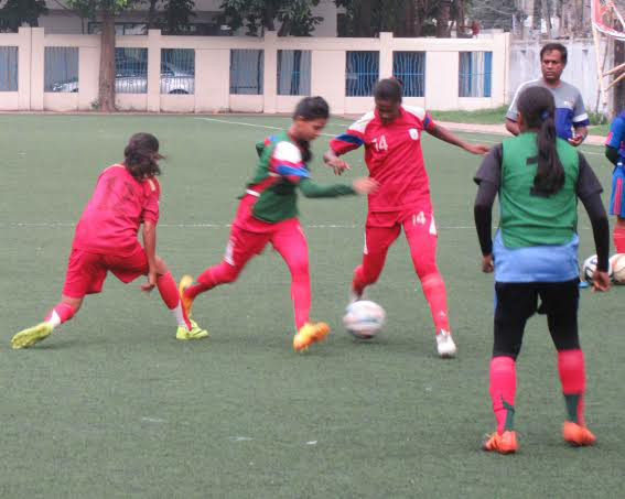 Members of Bangladesh National Women's Under-16 Football team during their practice session at the BFF Artificial Turf on Saturday.
