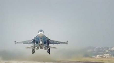 Photo shows a Russian military jet taking off at Hmeimim airbase in Syria.