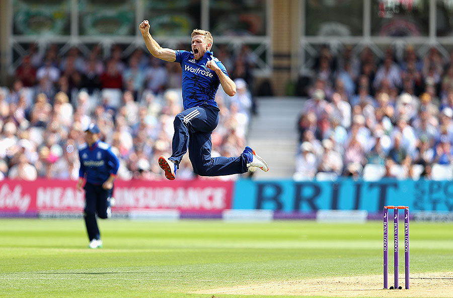 David Willey leaps in triumph after Kusal Perera is caught at backward point during the 1st ODI between England and Sri Lanka at Trent Bridge on Tuesday.