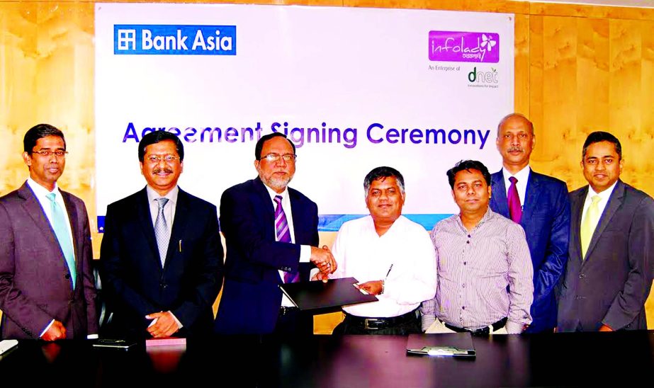 In presence of Managing Director of Bank Asia Md. Mehmood Husain, the Bank's Deputy Managing Director Mohammed Zahirul Alam and Director of `Infoladies', a sister concern of DNet, Ajoy Kumar Boseare seen exchanging a Memorandum of Understanding (MoU) on