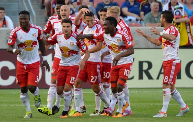 The New York Red Bulls celebrate a goal during the first half against Real Salt Lake in an MLS soccer game in Sandy, Utah on Wednesday.