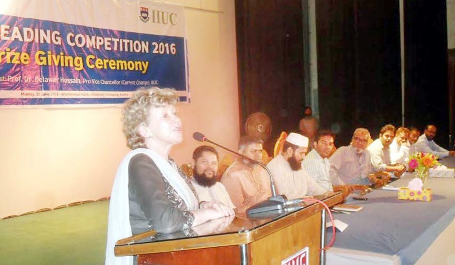 Country Director of British Council Ms. Barbara Wekham speaking at the prize giving ceremony of reading competition arranged by the IIUC Research Centre and British Council on the Chittagong University campus on Wednesday.