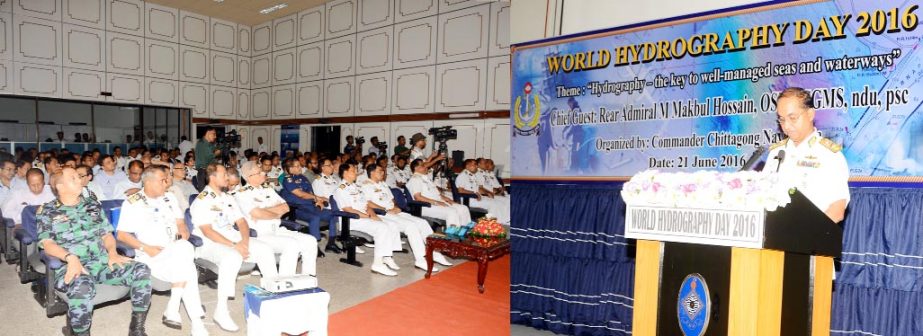 Rear Admiral Mohammad Makbul Hossain; Chairman of National Hydrographic Committee speaking at the seminar marking the World Hydrography Day in Chittagong Naval area as chief guest on Tuesday.