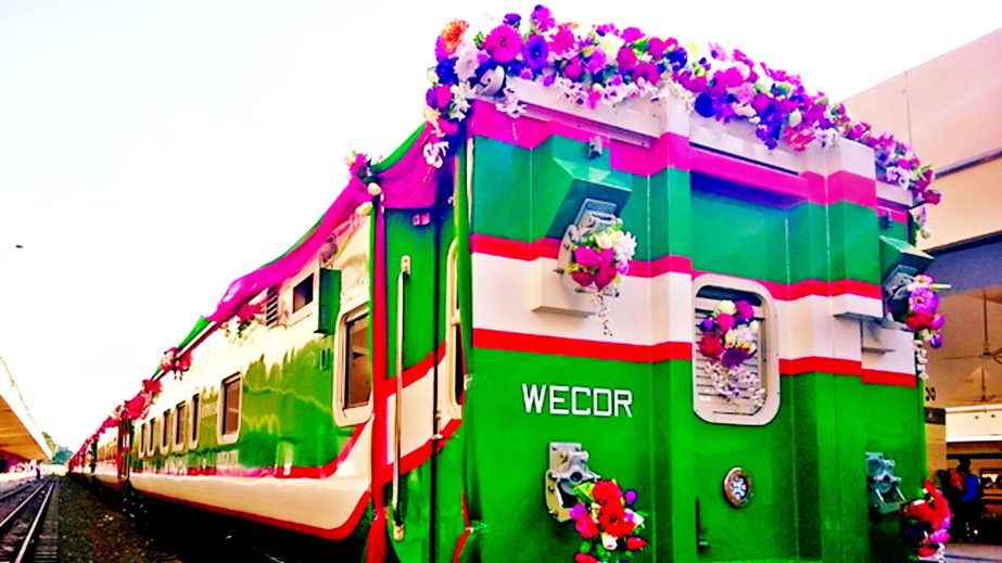 The 16-car inter-city new train 'Sonar Bangla Express' awaits formal launching on the Dhaka-Chittagong route from today (Saturday). (It will have only one stoppage at Dhaka Airport Station and will reach Chittagong within five hours and 40 minutes). The