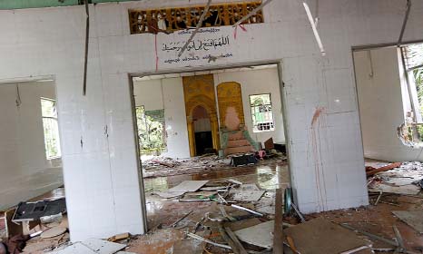 The interior of a destroyed mosque is seen after a group of men attacked it in the village of thayethamin outside Yangon.