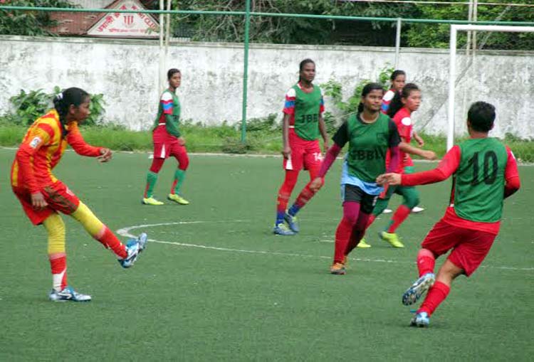 Members of Bangladesh National Women's Under-16 Football team during their practice session at the BFF Artificial Turf on Saturday.