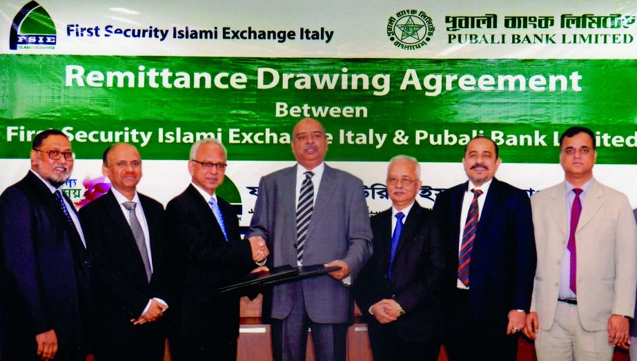 Pubali Bank Limited signed a Remittance Drawing Agreement with First Security Islami Exchange Italy in the city recently. Syed Waseque Md. Ali, Managing Director of First Security Islami Bank Ltd. and Safiul Alam Khan Chowdhury, Additional Managing Direct