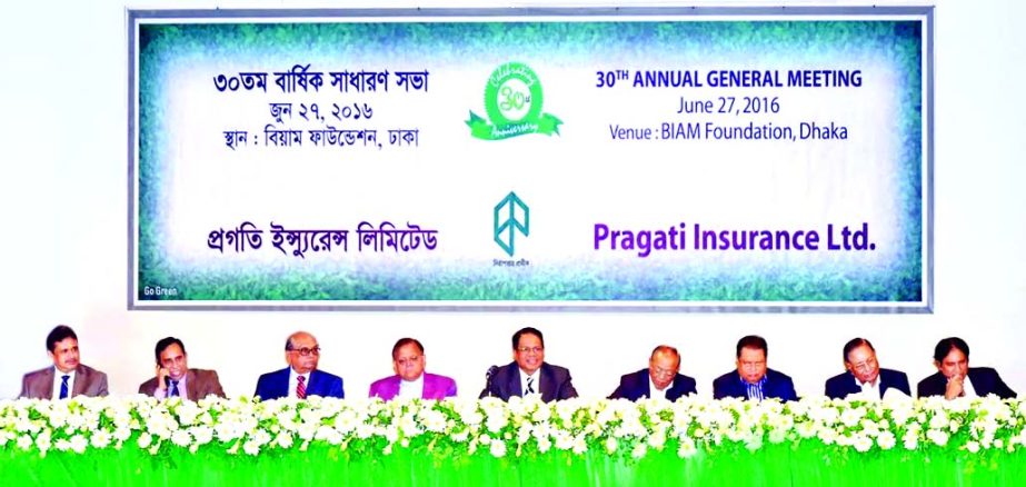 Syed M Altaf Hussain, Chairman of Pragati Insurance Ltd, presiding over its 30th Annual General Meeting at a city auditorium on Monday. The AGM approves 10 percent cash dividend for its shareholders for the year 2015.