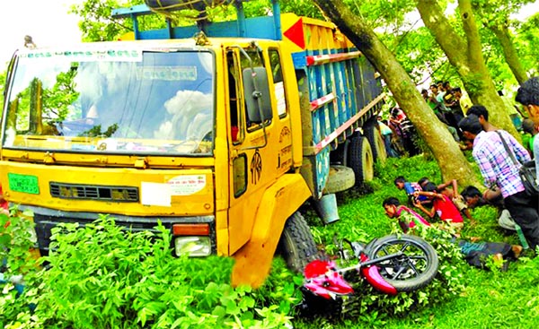 Three people were killed as truck rammed into a motorcycle at Bertola on Dhaka-Sylhet Highway in Sarail Upazila of Brahmanbaria on Monday.