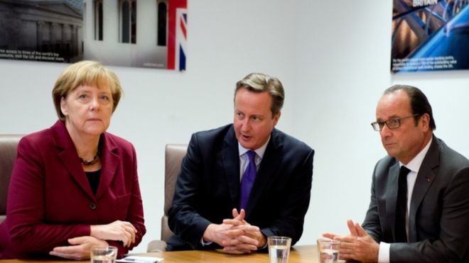 AFP Image caption David Cameron is seen at a previous meeting with Germany's Angela Merkel and France's Francois Hollande