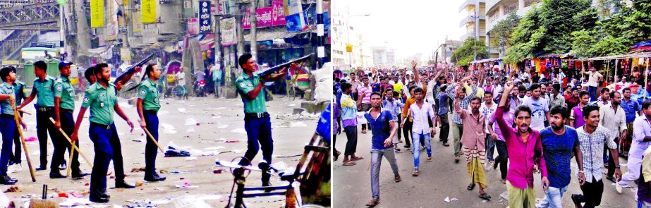 Triangular clashes among hawkers, police and drug peddlers were held at Mazar Road area in Mirpur while police went there to evict them from footpath on Wednesday. At one stage police opened fire (left) injuring a rickshawpuller.
