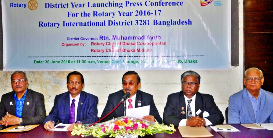 New Governor of Rotary International Bangladesh Mohammad Ayub speaking at a press conference on declaration yearly programme of 2016-'17 at Jatiya Press Club on Thursday.