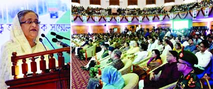 Prime Minister Sheikh Hasina speaking at the inauguration of two four-lane Dhaka-Chittagong and Joydevpur-Mymensing highways at Bangabandhu International Conference Center in the city on Saturday. BSS photo