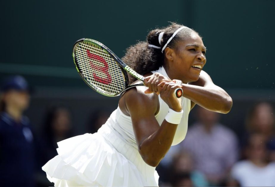 Serena Williams of the U.S returns to Annika Beck of Germany during their women's singles match on day seven of the Wimbledon Tennis Championships in London on Sunday.