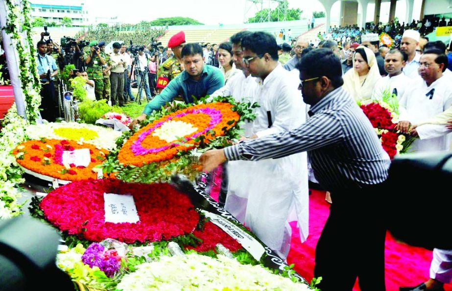 Mayors of Dhaka North and South City Corporations Annisul Haque and Mohammad Sayeed Khokon respectively paying last tributes by placing wreaths on the coffins of those killed in separatists' attack in Holey Artisan Bakery in the city's Gulshan. The pho