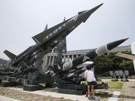 South Korea's mock missiles are displayed at the Korea War Memorial Museum in Seoul, South Korea on Friday.