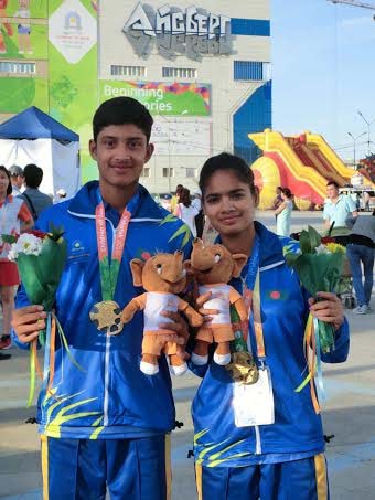 Mohammad Hakim Ahmed Rubel and Radia Akhtar Shapla pair win the gold in mixed event of Archery Division in 6th Children of Asia International Sports Games on Saturday.