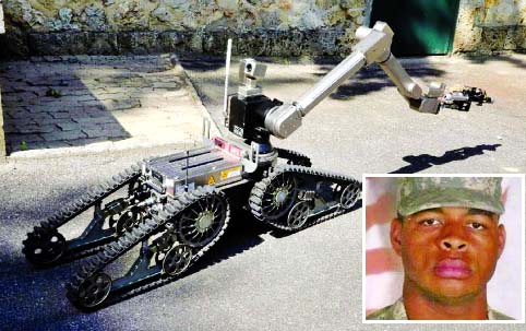 The use of robots is expected to grow to handle potentially dangerous missions in law enforcement and the military. Killer Micah Johnsonâ€™s picture seen inset.