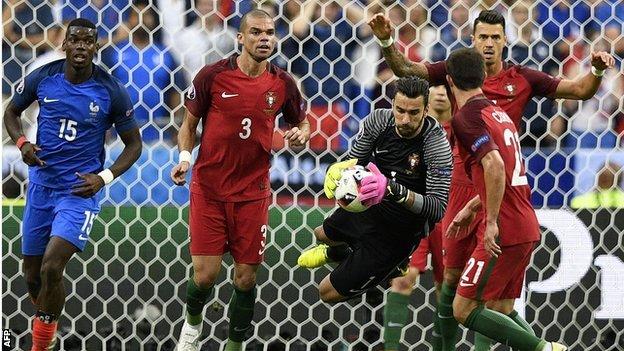 Portugal keeper Rui Patricio produced a string of fine saves to frustrate France, with Antoine Griezmann twice thwarted by the Sporting Lisbon player. Olivier Giroud was another who was denied by Patricio as Portugal kept France at bay