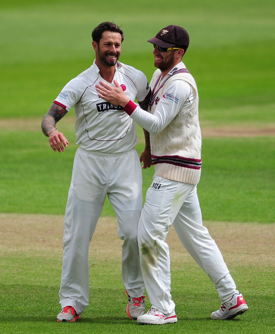 Peter Trego celebrates the wicket of Dawid Malan on the 2nd day of Division One County Championship between Somerset and Middlesex, at Taunton on Monday.
