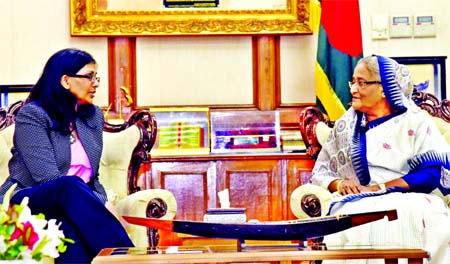 Visiting US Assistant Secretary of Bureau of South and Central Asian Affairs Ms. Nisha Desai Biswal called on Prime Minister Sheikh Hasina at Ganobhaban on Monday. BSS photo