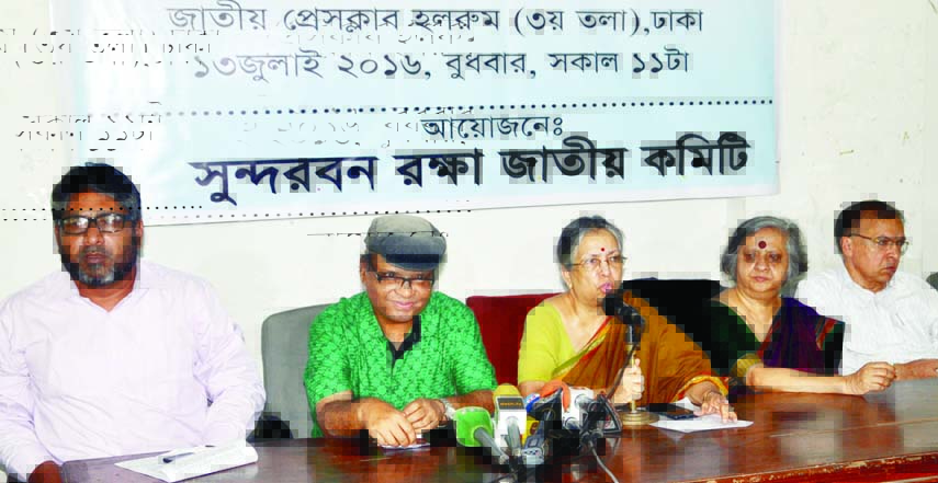 Convenor of Sundarbans Raksha Jatiya Committee Advocate Sultana Kamal expressing reaction on Wednesday at Jatiya Press Club at a press conference on deal between Bangladesh and India to set up infrastructures of Rampal Power Plant in Sundarbans.
